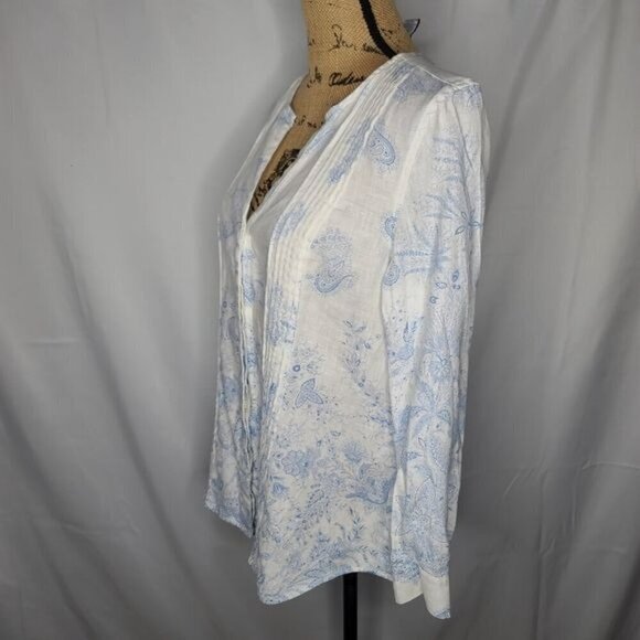 Soft Surroundings White Blue Paisley Floral Button Down Linen Shirt Coastal - Picture 2 of 11